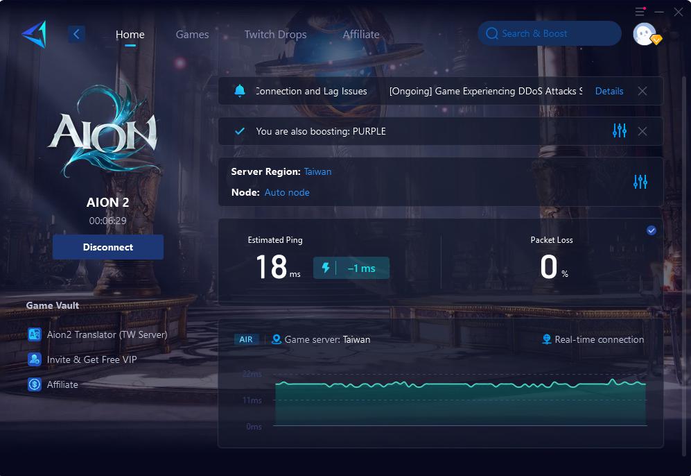 Tela de conexão GearUP com região do servidor e indicadores de ping e perda de pacotes