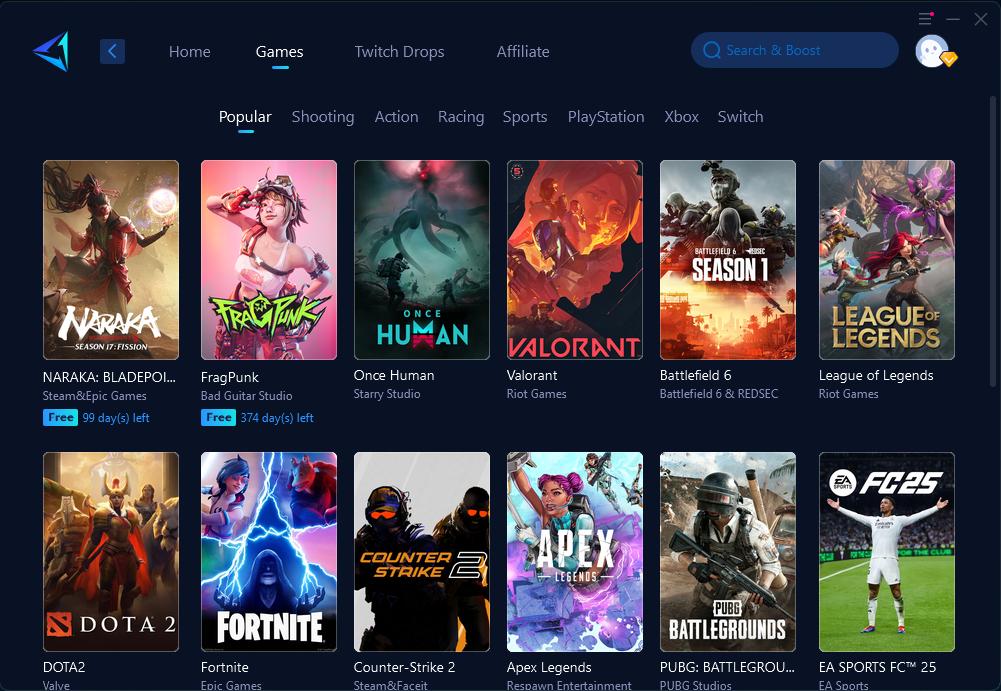 Catálogo de jogos no aplicativo GearUP, em captura oficial