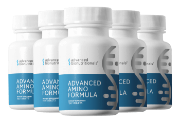 Official product image of the six-bottle Advanced Amino Formula pack
