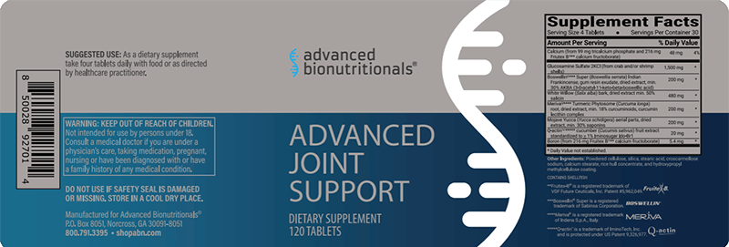 Official Advanced Joint Support Supplement Facts label supplied by Advanced Bionutritionals
