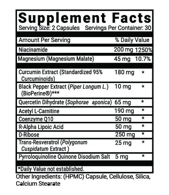 Official Advanced Mitochondrial Formula Supplement Facts: two capsules per serving and amounts for eleven ingredients