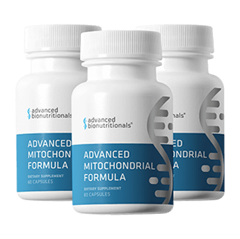 Official Advanced Mitochondrial Formula product image showing the three-bottle pack