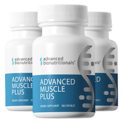 Official Advanced Muscle Plus three-bottle pack photograph supplied by Advanced Bionutritionals