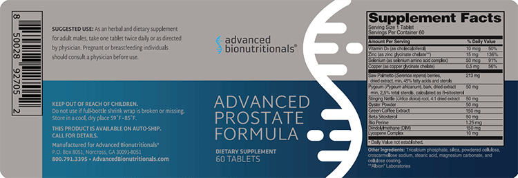 Official Advanced Prostate Formula full label showing a one-tablet serving