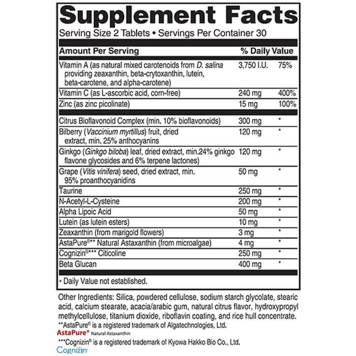 Official Advanced Vision Formula Supplement Facts label, including serving size, ingredient amounts and other ingredients