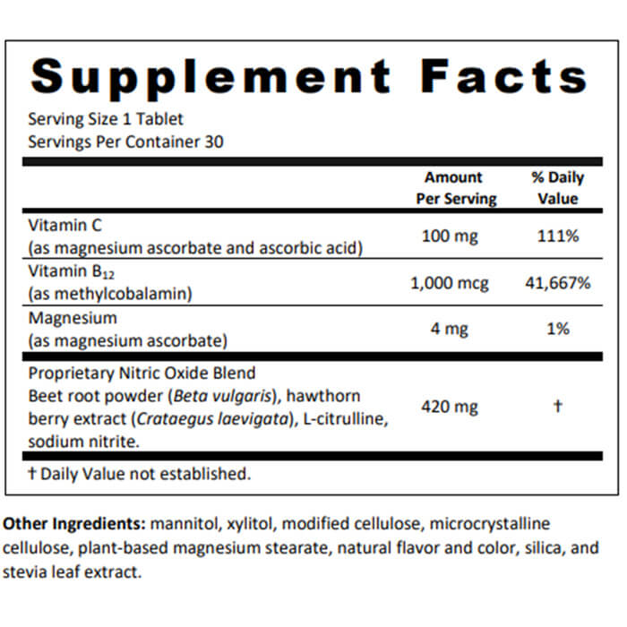 Official CircO2 Supplement Facts: one tablet, vitamins C and B12, magnesium and a 420 mg proprietary blend