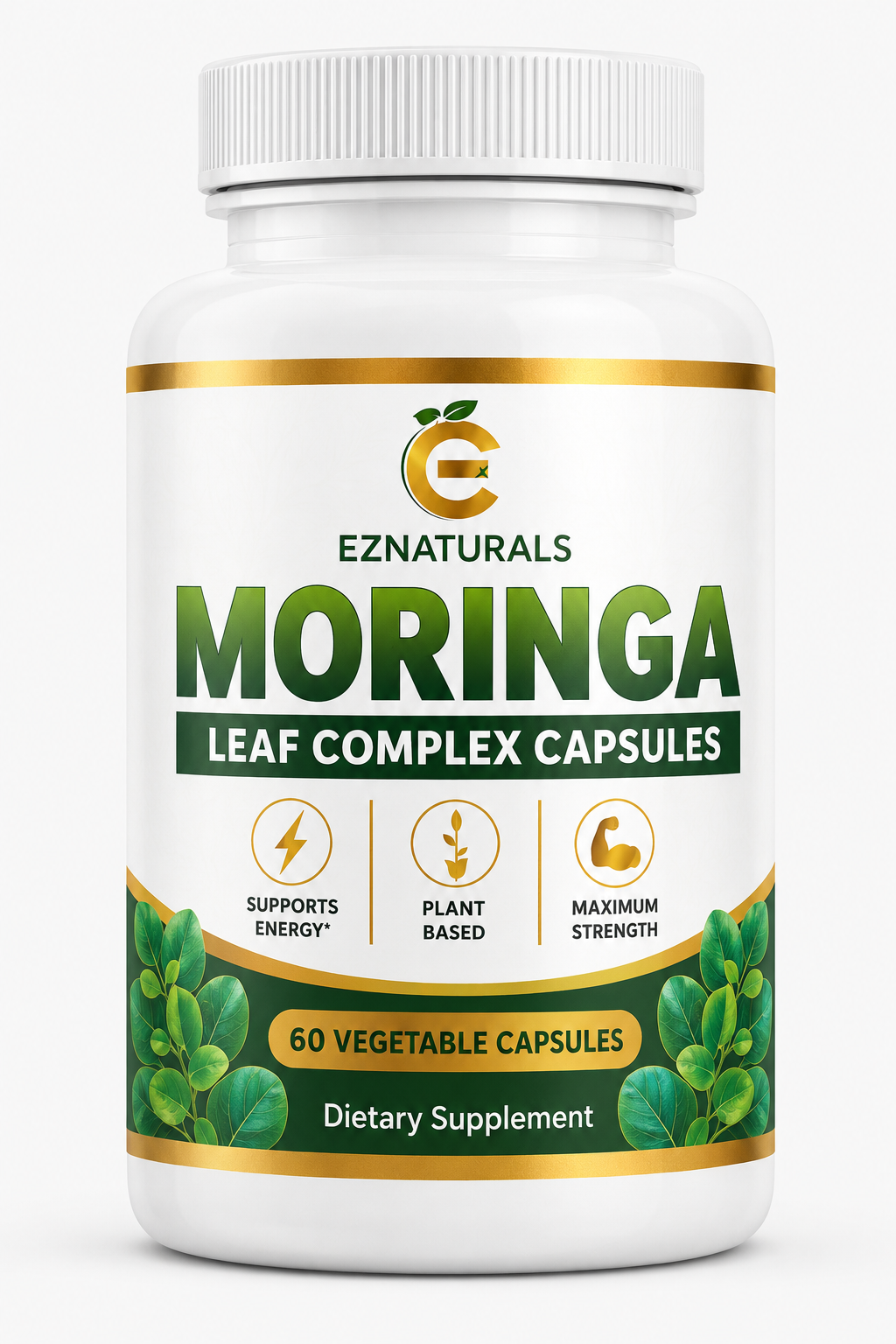 Official supplier artwork showing one EZNaturals Moringa Leaf Complex bottle