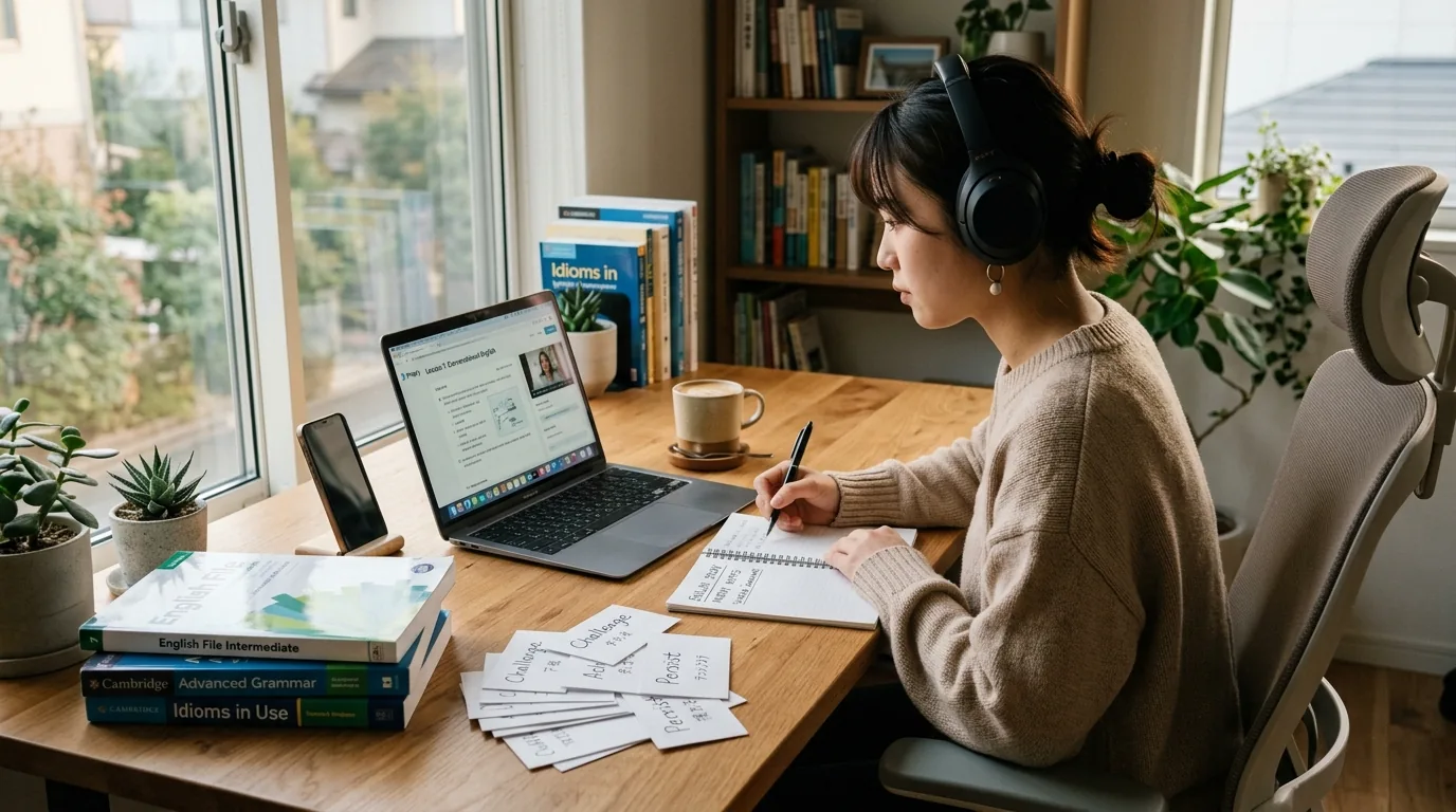 Mesa de estudo com laptop, caderno, livros e cartões de vocabulário