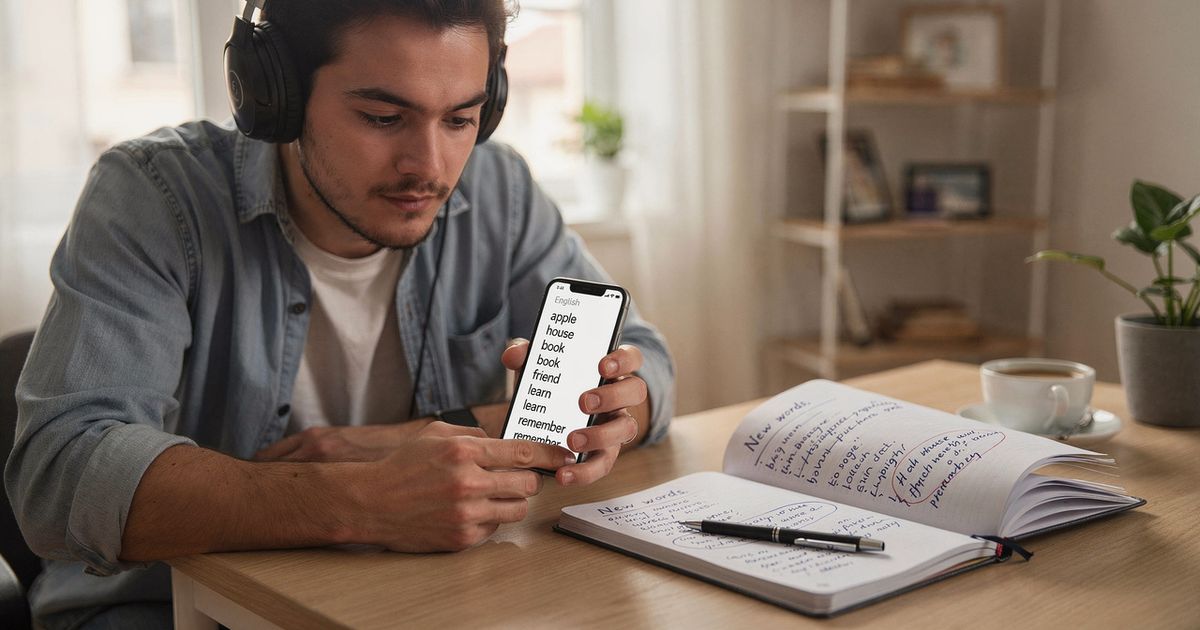 Estudante revisando vocabulário de inglês no celular com fones e caderno
