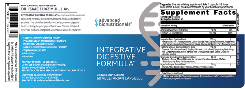 Official Integrative Digestive Formula Supplement Facts label, including serving size, ingredient amounts and other ingredients